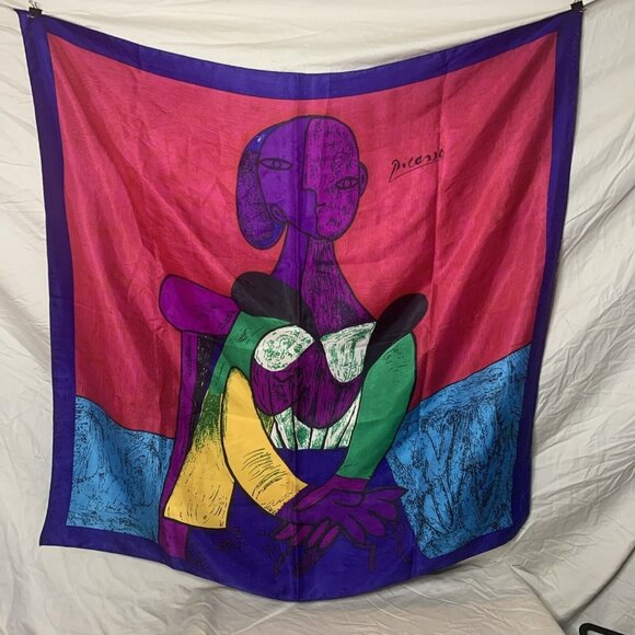 PICASSO Abstract Woman Silk Scarf 33.5” Square Vintage - Picture 1 of 7